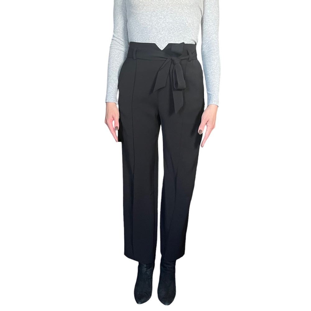 Women’s black straight-leg tailored trouser ankle tie high waist dress pants US4